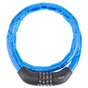 Фото Велосипедный замок Stels 81601, стальная цепь, кодовый, 18x1000 мм, синий, 540048